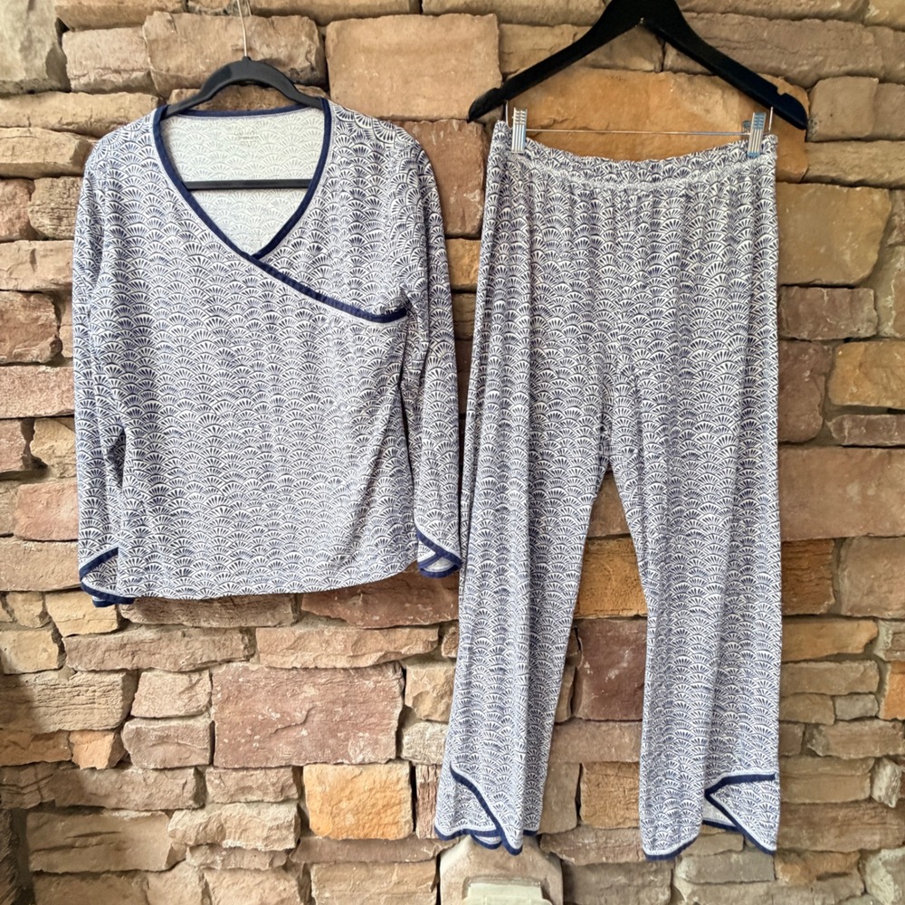 Garnet Hill Women Small Asian Wrap 2PC Pajama Set Organic Cotton Blue Fan Lounge